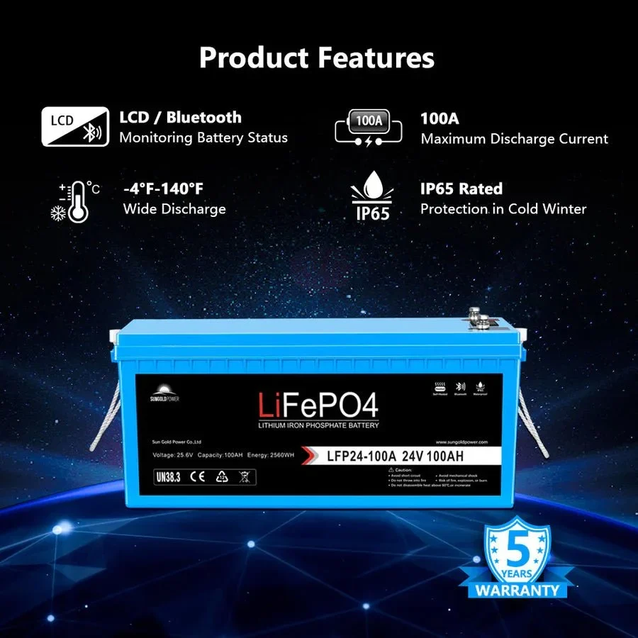 SunGoldPower 24V 100AH LifePO4 Deep Cycle Lithium Battery Bluetooth / Self-Heating / IP65, image 2