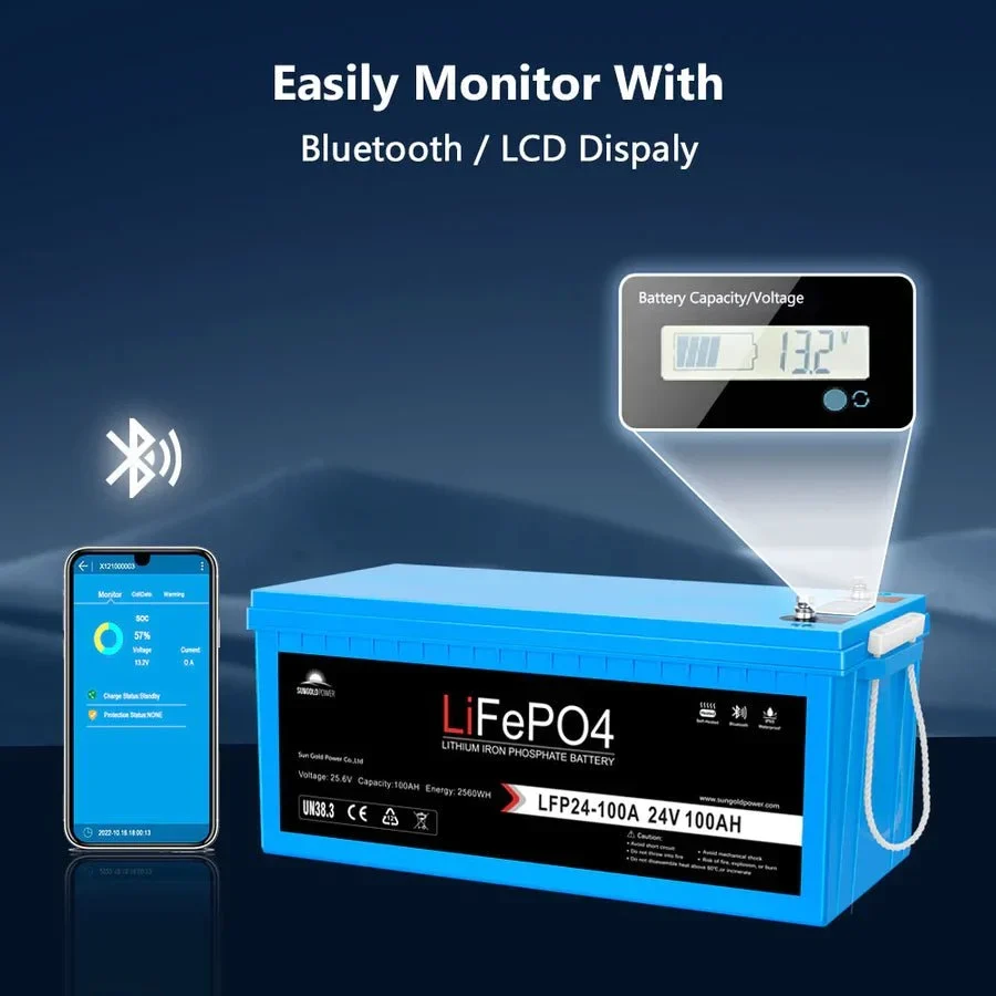 SunGoldPower 24V 100AH LifePO4 Deep Cycle Lithium Battery Bluetooth / Self-Heating / IP65, image 3