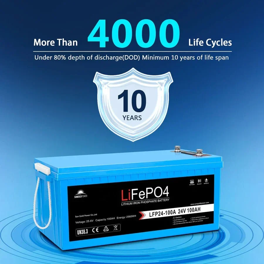 SunGoldPower 24V 100AH LifePO4 Deep Cycle Lithium Battery Bluetooth / Self-Heating / IP65, image 4
