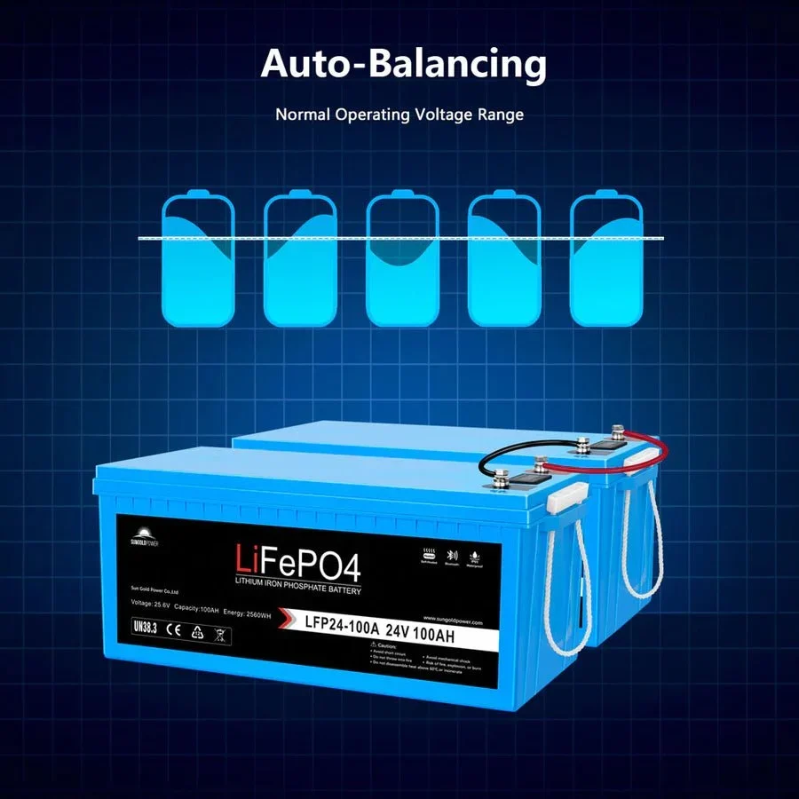 SunGoldPower 24V 100AH LifePO4 Deep Cycle Lithium Battery Bluetooth / Self-Heating / IP65, image 5
