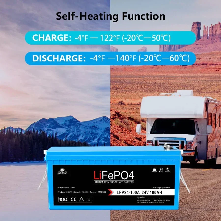 SunGoldPower 24V 100AH LifePO4 Deep Cycle Lithium Battery Bluetooth / Self-Heating / IP65, image 6