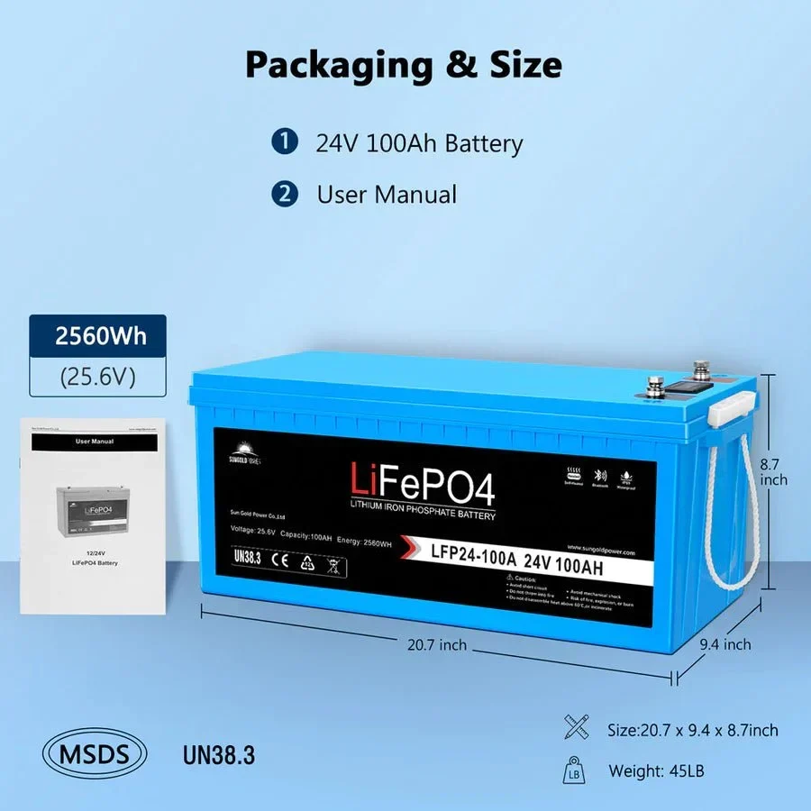 SunGoldPower 24V 100AH LifePO4 Deep Cycle Lithium Battery Bluetooth / Self-Heating / IP65, image 7